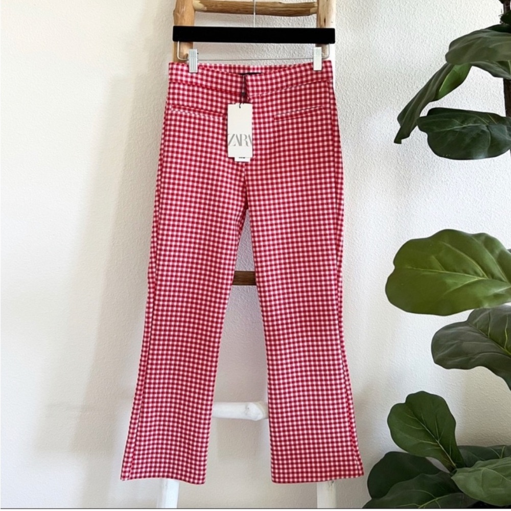 Nwt zara small red/ pink gingham flare crop pants